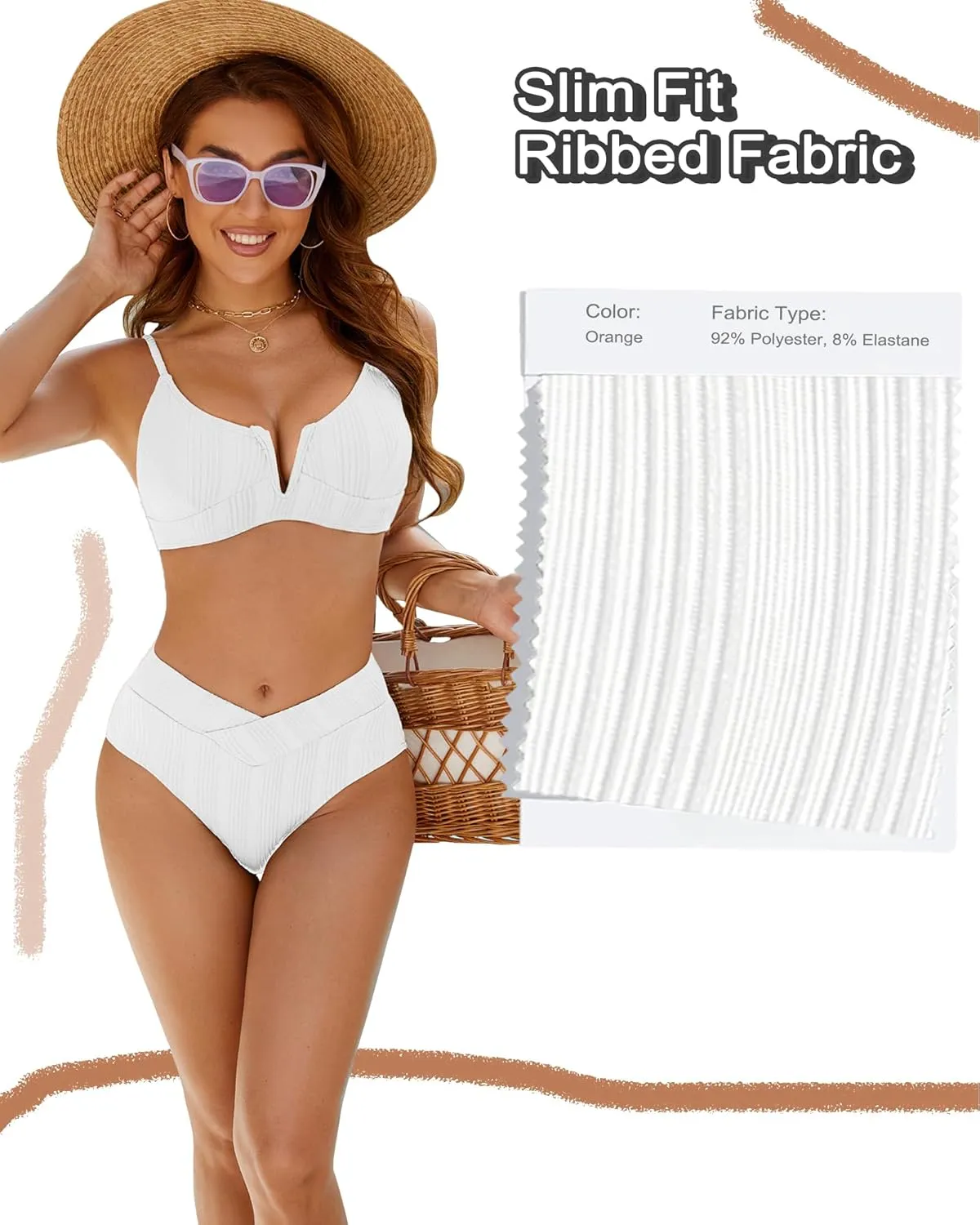 ZINPRETTY Womens High Waisted Bikini Sets Crossover Ribbed 2 Piece Bathing Suit V-Wired Swimsuit Push Up Top Teen Girl