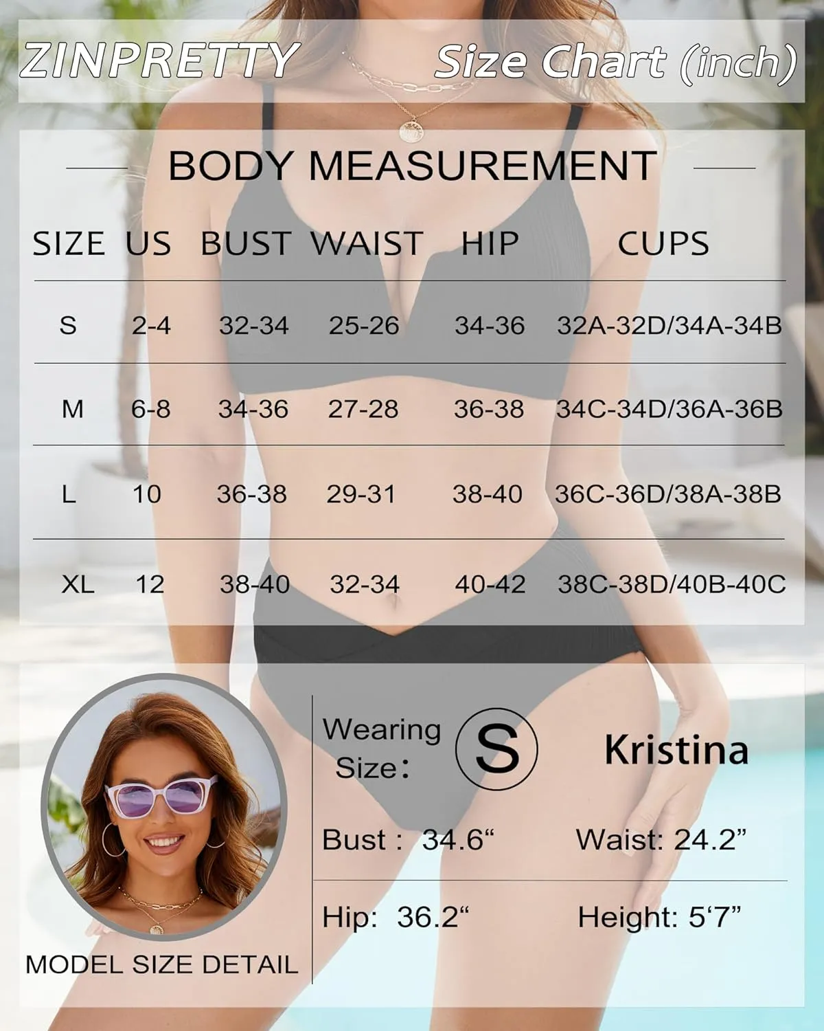 ZINPRETTY Womens High Waisted Bikini Sets Crossover Ribbed 2 Piece Bathing Suit V-Wired Swimsuit Push Up Top Teen Girl