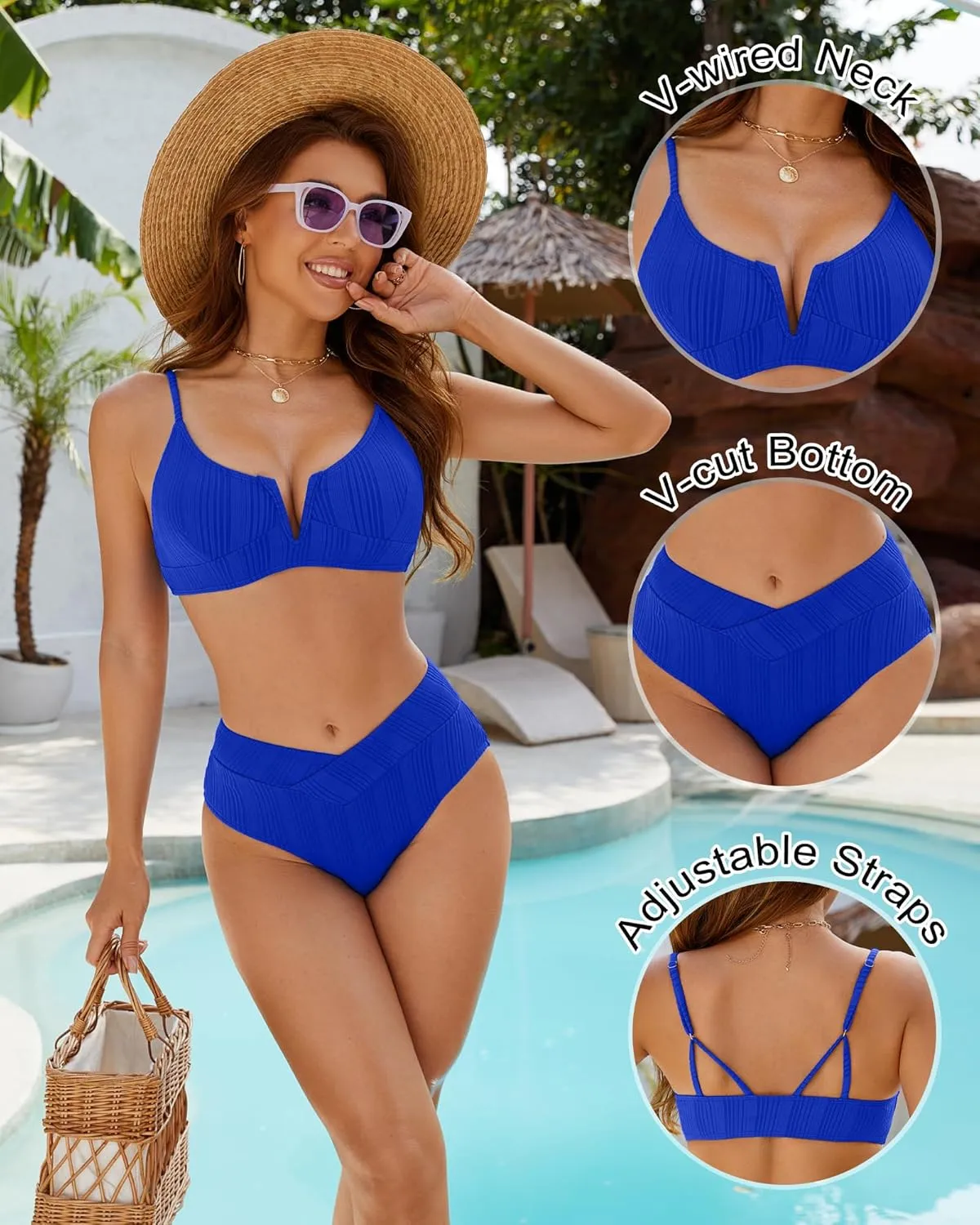 ZINPRETTY Womens High Waisted Bikini Sets Crossover Ribbed 2 Piece Bathing Suit V-Wired Swimsuit Push Up Top Teen Girl