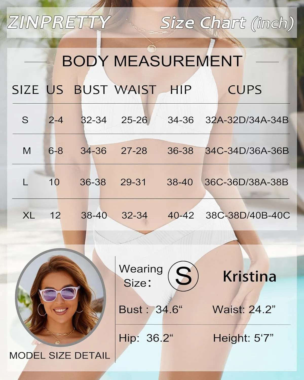 ZINPRETTY Womens High Waisted Bikini Sets Crossover Ribbed 2 Piece Bathing Suit V-Wired Swimsuit Push Up Top Teen Girl