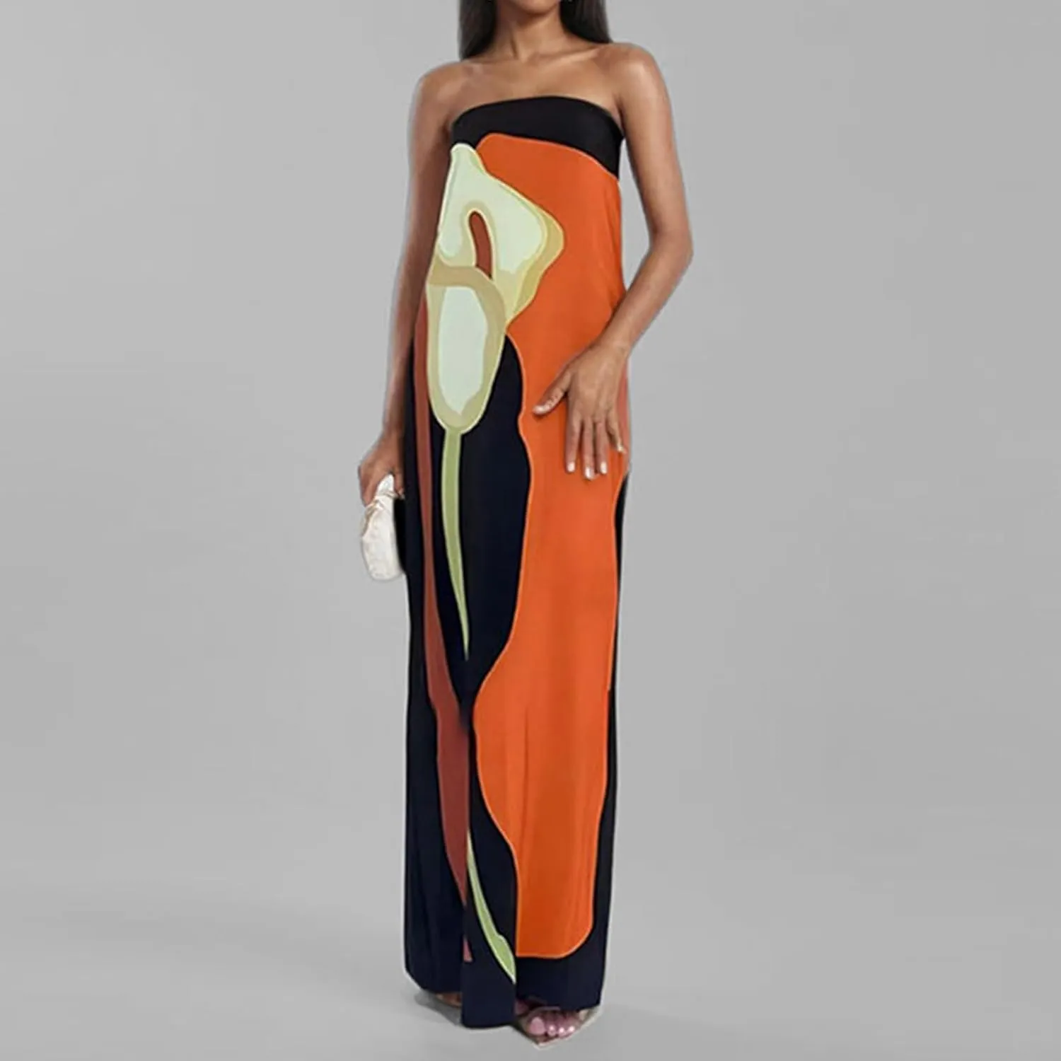 Zwirelz Women Strapless Maxi Dress Boho Floral Print Flowy Long Tube Dress Off Shoulder Loose Beach Sundress Long Tube Dress