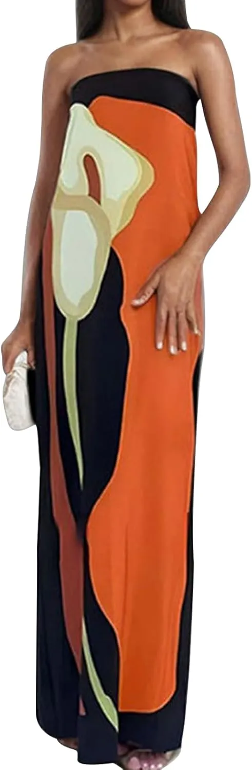 Zwirelz Women Strapless Maxi Dress Boho Floral Print Flowy Long Tube Dress Off Shoulder Loose Beach Sundress Long Tube Dress